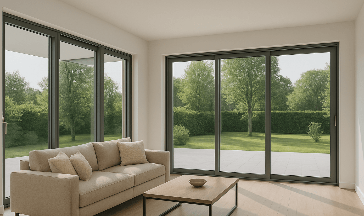 Modernes Wohnzimmer mit großen Fenstern und Gartenblick